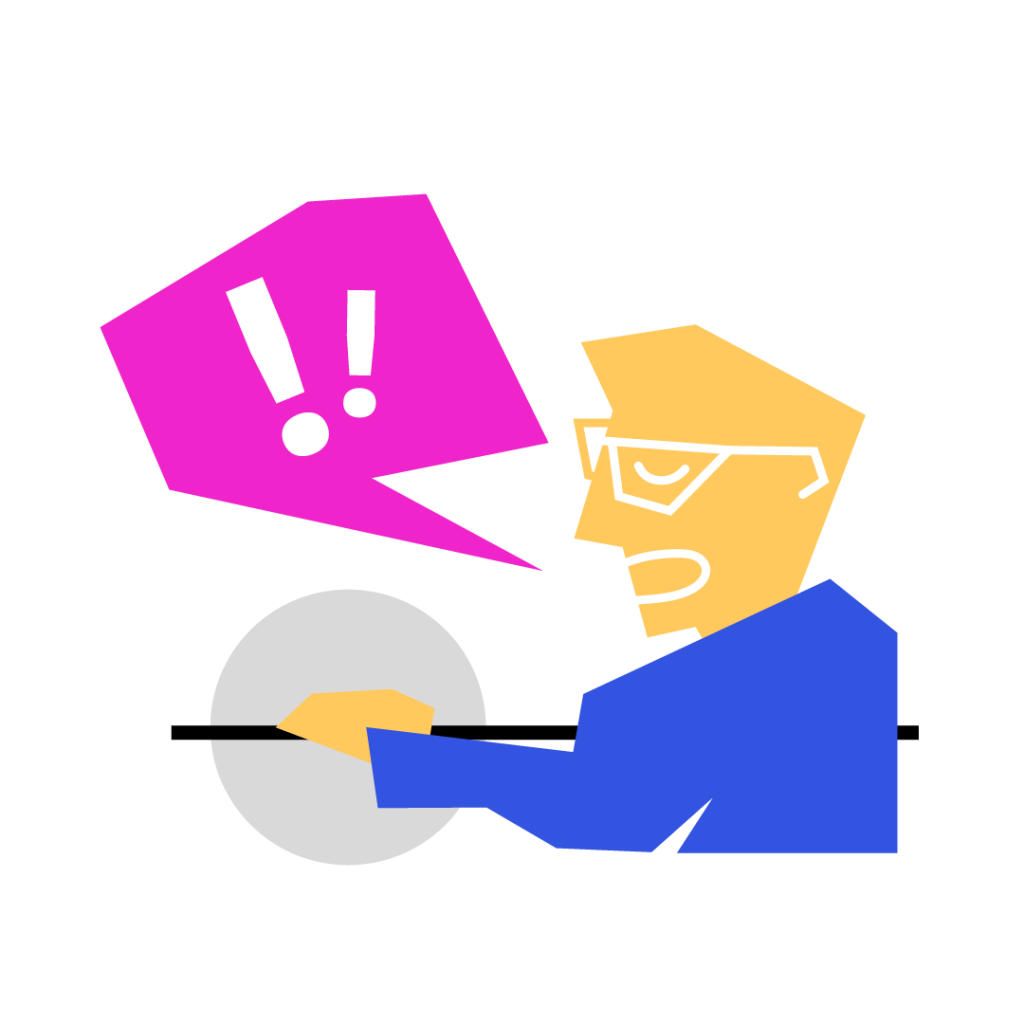 Stylized figure with glasses at the wheel and pink speech bubble with exclamation marks symbolizing strategic communication.
