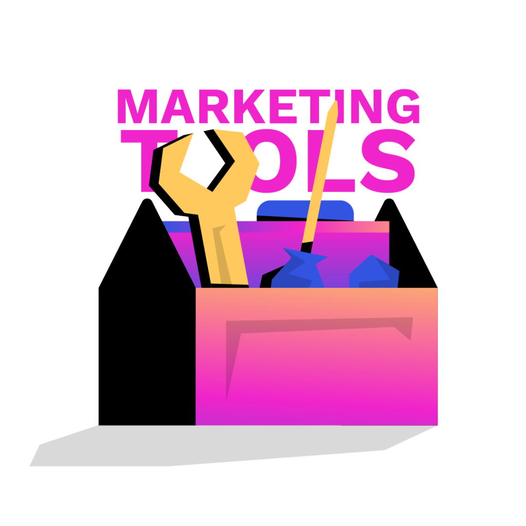 Toolbox mit Marketingwerkzeugen und Text 'MARKETING TOOLS' darüber