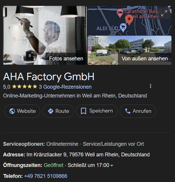 AHA Factory GmbH Google My Business Profil